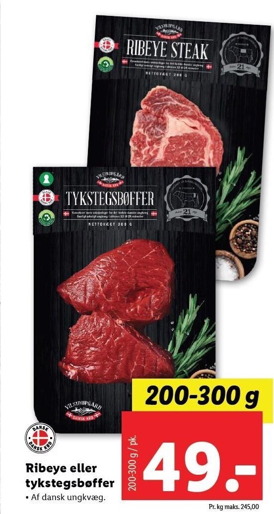 Ribeye el. tykstegsbøffer tilbud hos Lidl