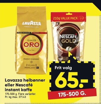 Bilka Lavazza helbønner eller nescafé instant kaffe tilbud