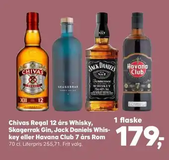 Kvickly Chivas regal 12 års whisky, 1 flaske skagerrak gin, jack daniels whis key eller havana club 7 års rom tilbud