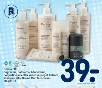 REMA 1000 Derma eco dagcreme, natcreme, håndcreme, bodylotion, micellar water, rensegel, balsam, shampoo eller derma man facecream tilbud