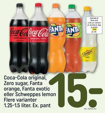 REMA 1000 Coca-cola original, zero sugar, fanta orange, fanta exotic eller schweppes lemon tilbud