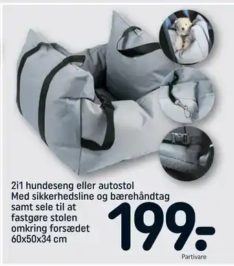 REMA 1000 2i1 hundeseng eller autostol med sikkerhedsline og bærehåndtag samt sele til at fastgøre stolen omkring forsædet tilbud