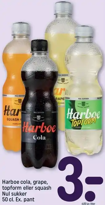 REMA 1000 Harboe cola, grape, topform eller squash nul sukker 50 cl. ex. pant tilbud