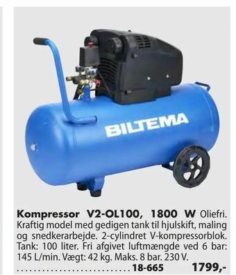 Biltema Kompressor V2-OL100, 1800 W tilbud