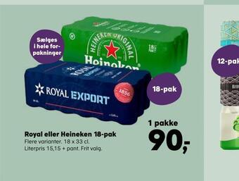 Kvickly Royal eller heineken 18-pak tilbud