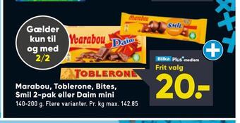 Bilka Marabou, toblerone, bites, smil 2-pak eller daim mini tilbud
