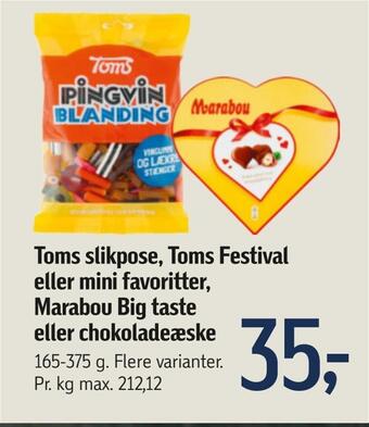 Føtex Toms slikpose, toms festival eller mini favoritter, marabou big taste eller chokoladeæske tilbud