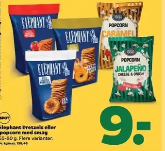 Netto Elephant pretzels el. popcorn med smag tilbud