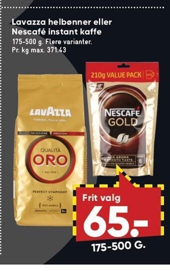 Bilka Lavazza helbønner eller nescafé instant kaffe tilbud