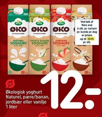 REMA 1000 Økologisk yoghurt naturel, pære/banan, jordbær eller vanilje 1 liter tilbud