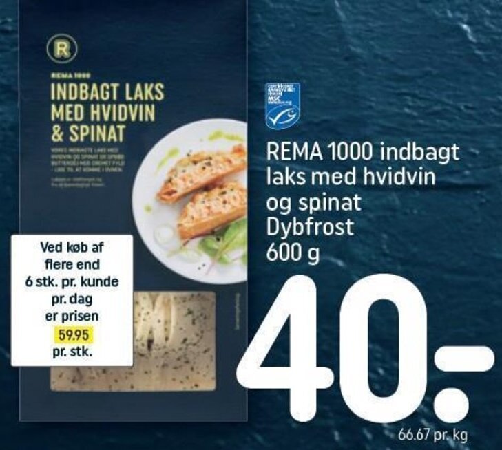 Rema 1000 Indbagt Laks med Hvidvin og Spinat Dybfrost tilbud hos Rema 1000