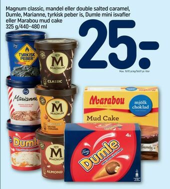 REMA 1000 Magnum classic, mandel eller double salted caramel, Dumle, Marianne, tyrkisk peber is, Dumle mini isvafler eller Marabou mud tilbud