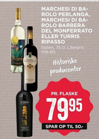 MENY Marchesi di barolo perlanga, marchesi di barolo barbera del monferrato eller turris ripasso tilbud