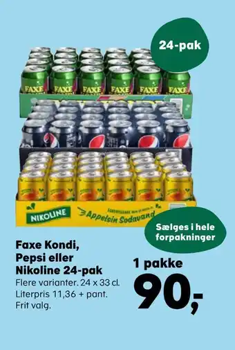 Kvickly Faxe kondi, pepsi eller nikoline 24-pak tilbud