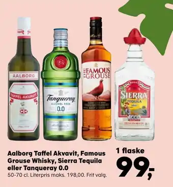 SuperBrugsen Aalborg taffel akvavit, famous grouse whisky, sierra tequila eller tanqueray 0,0 tilbud