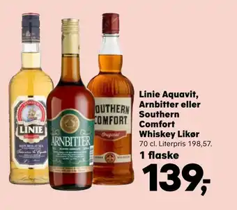 SuperBrugsen Linie aquavit, arnbitter eller southern comfort whiskey likør tilbud