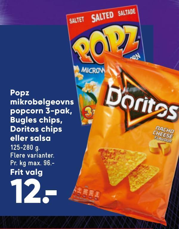 Popz mikrobølgeovns popcorn 3pak, bugles chips, doritos chips eller salsa tilbud hos Bilka