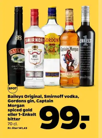 Baileys original, smirnoff vodka, gordons gin, captain morgan spiced gold eller 1-enkelt bitter