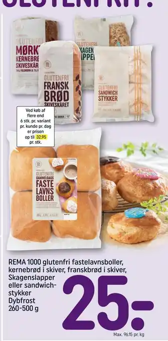 REMA 1000 Rema 1000 glutenfri fastelavnsboller, kerne brød i skiver, franskbrød i skiver, skagenslapper eller sandwich stykker tilbud