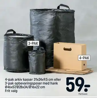 4-pak arkiv kasser 31x24x9,5 cm eller 3-pak opbevaringsposer med hank ø46x57/ø28x34/ø16x22 cm