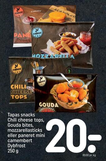 Tapas snacks chili cheese tops, gouda bites, mozzarellasticks eller paneret mini camembert