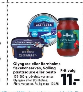 Glyngøre eller bornholms fiskekonserves, salling pastasauce eller pesto