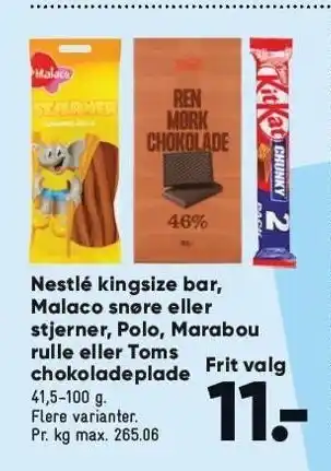 Bilka Nestlé kingsize bar, malaco snøre eller stjerner, polo, marabou rulle eller toms chokoladeplade tilbud