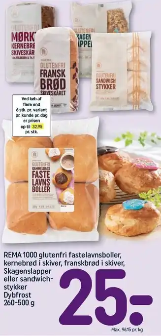 REMA 1000 Rema 1000 glutenfri fastelavnsboller, kernebrød i skiver, franskbrød i skiver, skagenslapper eller sandwichstykker tilbud