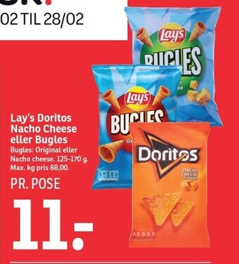 SPAR Lay's doritos nacho cheese eller bugles tilbud