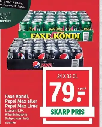SPAR Faxe kondi, pepsi max el. pepsi max lime tilbud