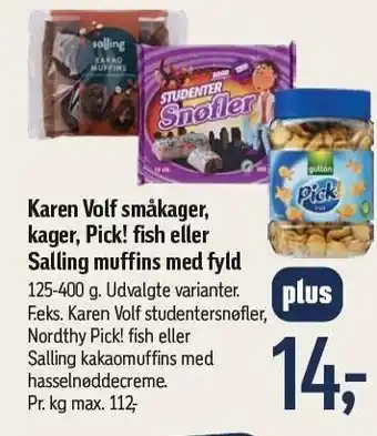 Føtex Karen volf småkager, kager, pick! fish eller salling muffins med fyld tilbud