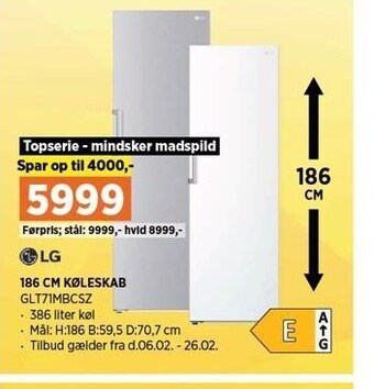 186 cm køleskab