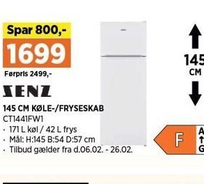 145 cm køle-/fryseskab