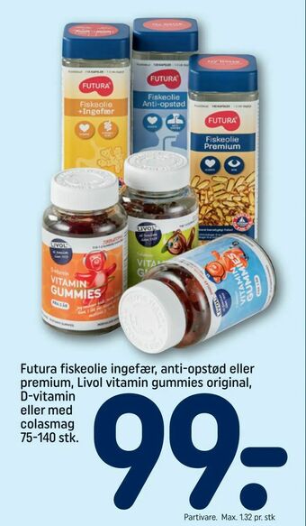 REMA 1000 Futura fiskeolie ingefær, anti-opstød eller premium, Livol vitamin gummies original, D-vitamin eller med colasmag tilbud