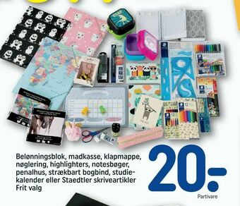 REMA 1000 Belønningsblok, madkasse, klapmappe, nøglering, highlighters, notesbøger, penalhus, strækbart bogbind, studie kalender eller tilbud