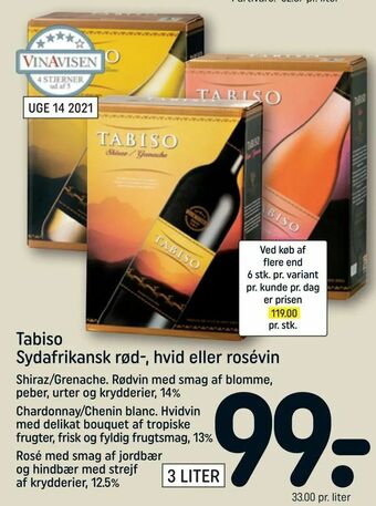 REMA 1000 Tabiso Sydafrikansk rød-, hvid eller rosévin tilbud