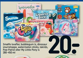 REMA 1000 Smølfe isvafler, bubblegum is, dinosaur snurretoppe, watermelon sticks, lakrids, Paw Patrol eller My Little Pony is tilbud