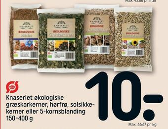 REMA 1000 Knaseriet økologiske græskarkerner, hørfrø, solsikke kerner eller 5-kornsblanding tilbud