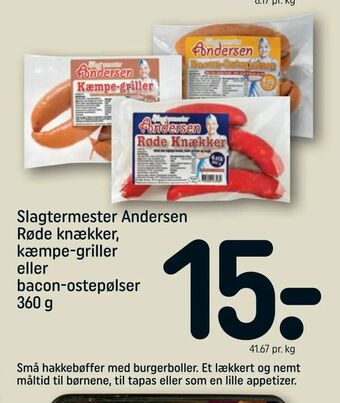 REMA 1000 Slagtermester Andersen Røde knækker, kæmpe-griller eller bacon-ostepølser tilbud