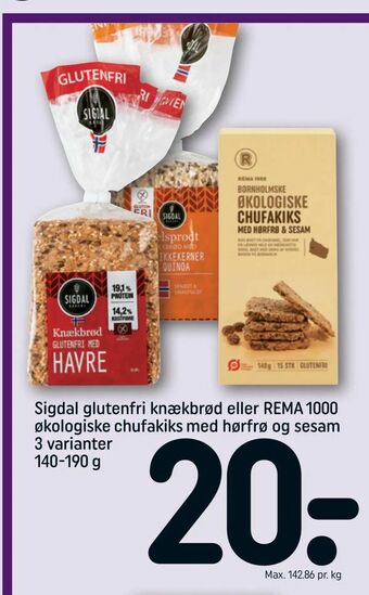 REMA 1000 Sigdal glutenfri knækbrød eller REMA 1000 økologiske chufakiks med hørfrø og sesam 3 varianter tilbud