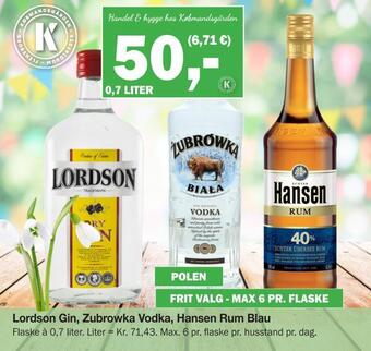 Købmandsgården Lordson gin, zubrowka vodka, hansen rum blau tilbud
