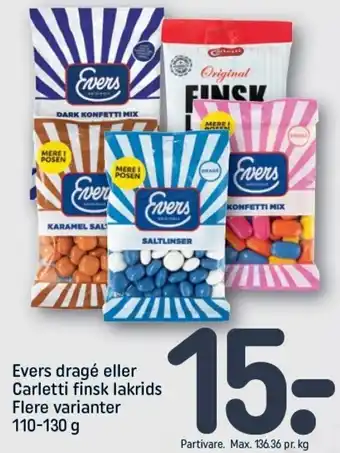 REMA 1000 Evers Dragé Eller Carletti Finsk Lakrids 110-130g tilbud