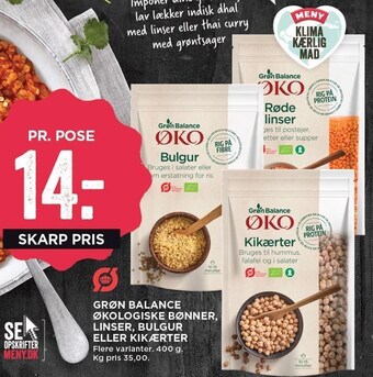 Grøn balance økologiske bønner, linser, bulgur eller kikærter