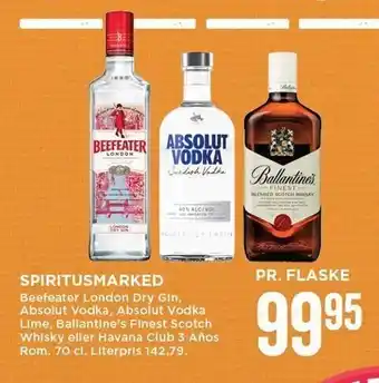 MENY Beefeater london dry gin, absolut vodka, absolut vodka lime, ballantine´s finest scotch whisky eller havana club 3 anos rom tilbud