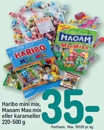 Rema 1000 Haribo mini mix, maoam mao mix eller karameller tilbud