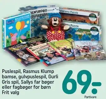 REMA 1000 Puslespil, rasmus klump bamse, gulvpuslespil, gurli gris spil, sallys far bøger eller fagbøger for børn tilbud