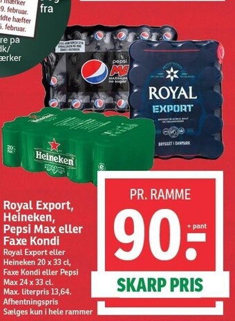 SPAR Royal export, heineken, pepsi max eller faxe kondi tilbud