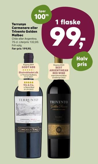 Kvickly Terrunyo carmenere eller trivento golden malbec tilbud