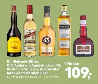 Kvickly Dr. nielsen's bitter, o.p. anderson aquavit, licor 43, bushmills whiskey, aperol eller rød grand marnier likør tilbud