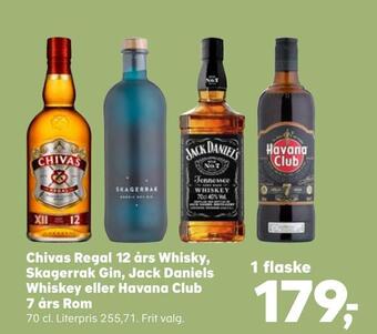 Kvickly Chivas regal 12 års whisky, skagerrak gin, jack daniels whiskey eller havana club 7 års rom tilbud